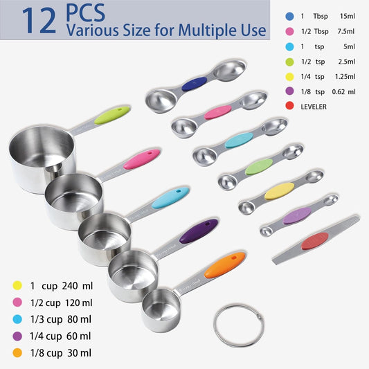 12 PCS Measuring Cups and Spoons Set Stainless Steel, 5 Measuring Cups with Colorful Silicone Handle and 6 Double-Sided Magnetic Measuring Spoons & 1 Leveler for Cooking and Baking (5+6+1)