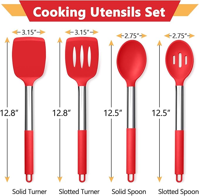 P&P CHEF Red Kitchen Cooking Utensil Set of 4, Silicone Solid Spatulas Slotted Spoons Turners for Non-stick Cookware Flipping Mixing, Heat-proof