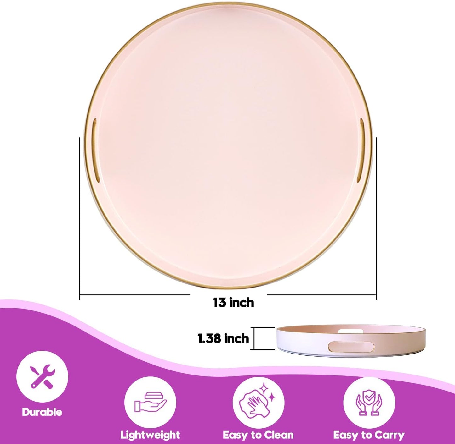Gifturbo Matte Pink Decorative Serving Tray,Round Serving Trays with Handles, Coffee Table Tray Ottoman Round Plastic Trays for Living Room, Bathroom