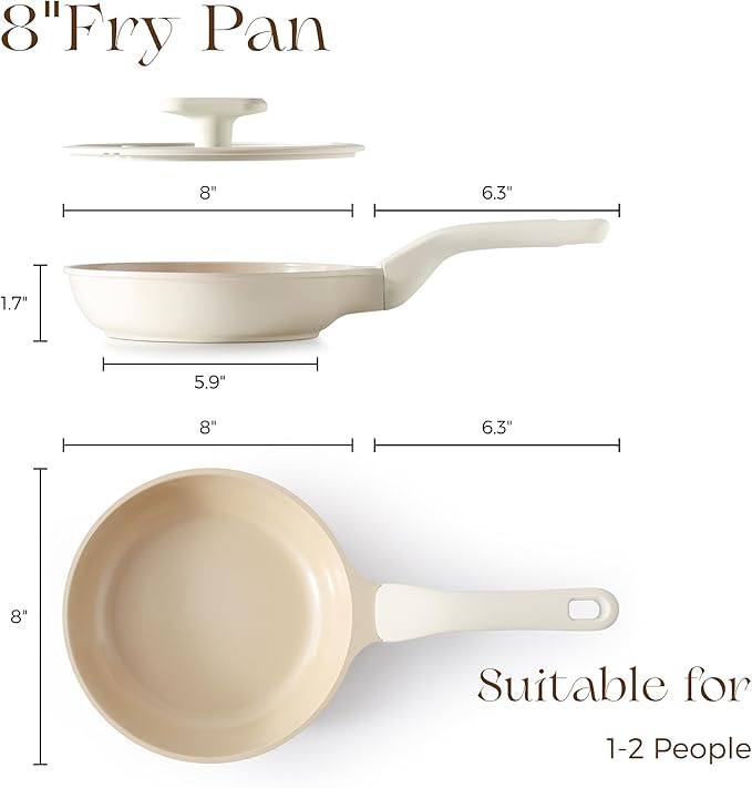 PRICUSIS Nonstick Ceramic Frying Pan with Lid, 8/10 Inch Skillet with Stay Cool Handle, Fully Coated, 100% Dishwasher Safe, Oven Safe, PTFE PFAS & PFOA Free (8 Inch, Coconut White