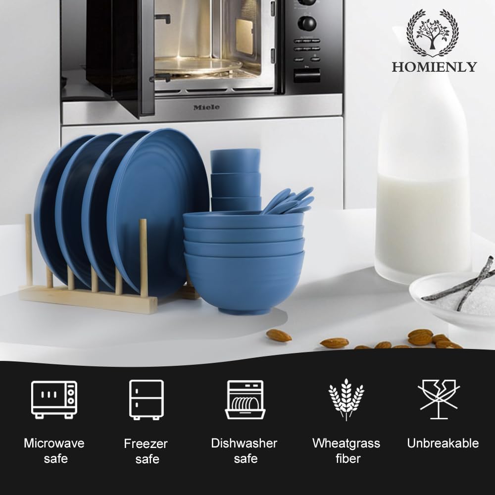 Wheat Straw Dinnerware Sets, Homienly 20pcs Unbreakable Microwave Dishwasher Safe Tableware Lightweight Bowls, Cups, Plates Set Reusable Dinner Plates Bowls set (Blue)