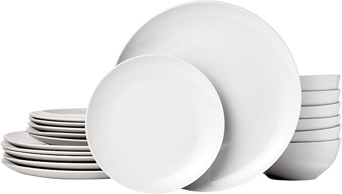Amazon Basics Dinnerware Set, Microwave and Dishwasher Safe, Service for 6, 18-Piece Complete Kitchen, Plates, Dishes, Bowls, White Porcelain Coupe