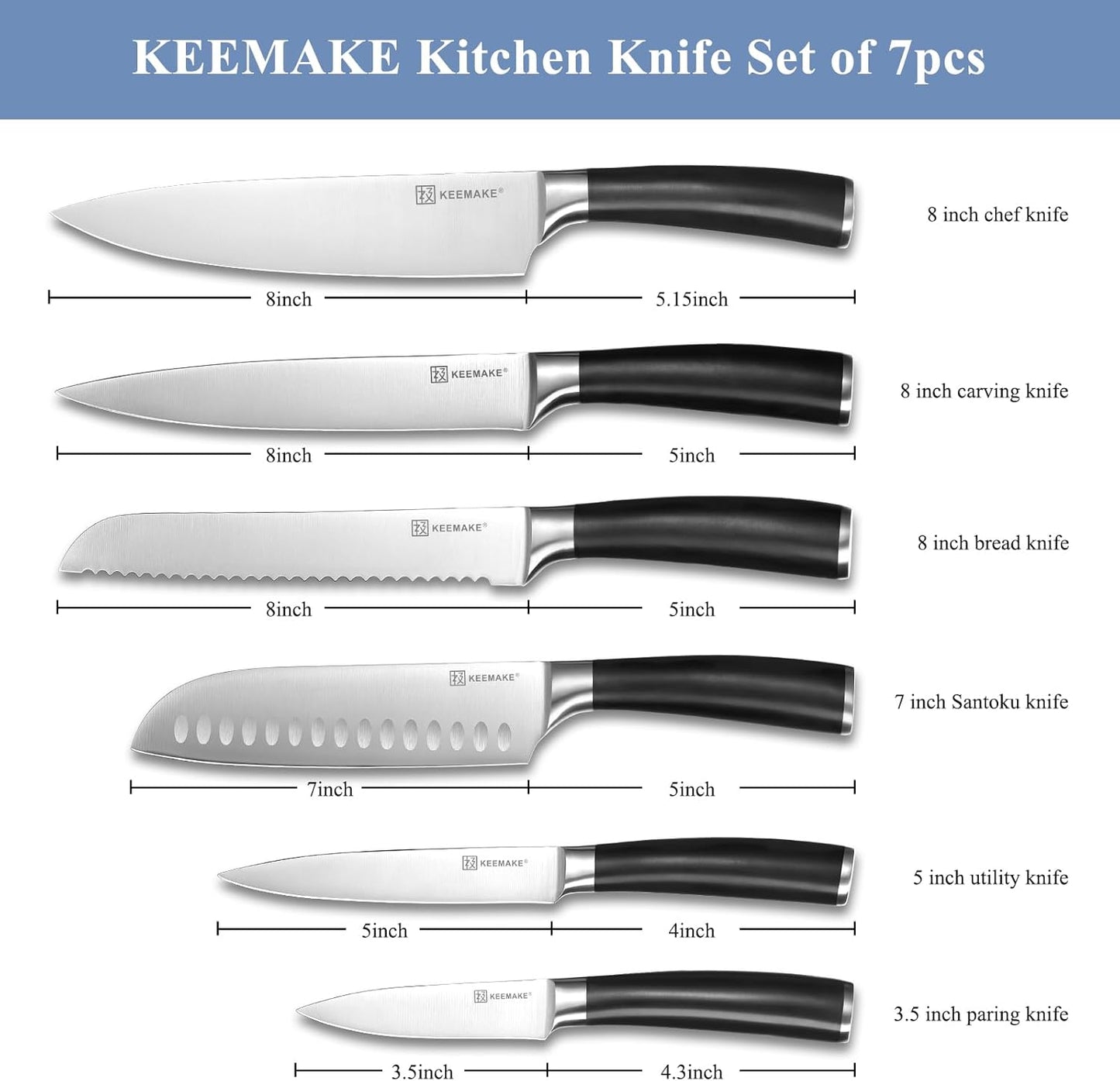 KEEMAKE Knife Block Set - 7Pcs Kitchen Knives with Magnetic Knife Block Holder, High Carbon Stainless Steel Chef Knife Set with Block, Ultra Sharp Knives Set for Kitchen With Ergonomic Handle