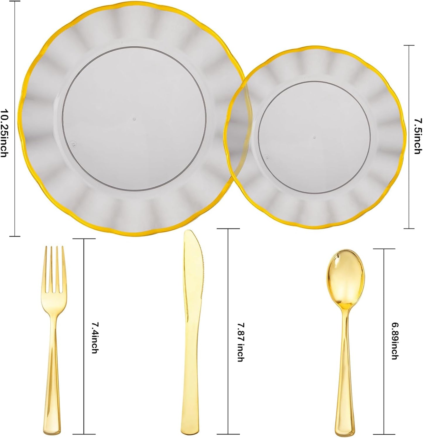 EI 150pcs Clear Black Dinnerware Set,Clear Black Fancy Plastic Plates with Gold Rimmed and Gold Plastic Silverware,Heavy Duty Party Plates Disposable for Halloween, Afternoon Tea,Wedding