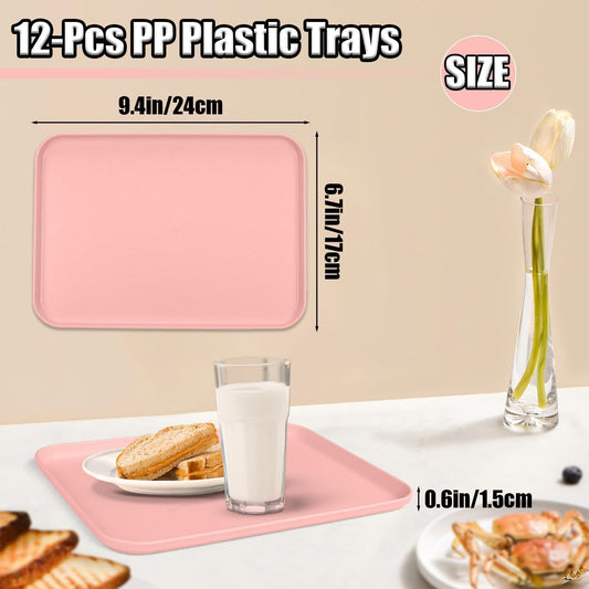 Plastic Serving Trays, 12 Pack Cafeteria Trays Plastic Fast Food Tray for DIY Projects, Painting, Beads, Organizing Supply, 9.4 X 6.7 X 0.6 Inches (Light Pink)