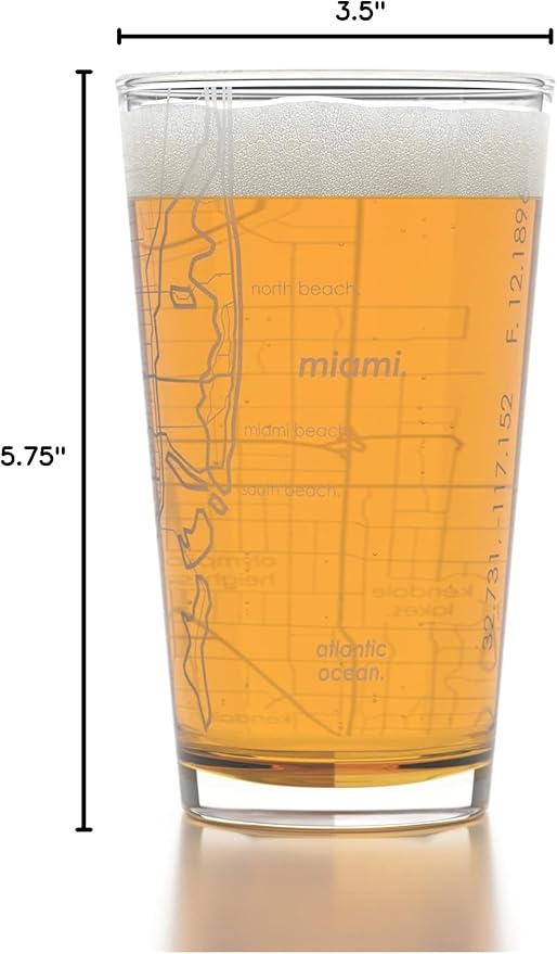 Well Told Engraved Miami Florida Map Pint Glass, Etched Beer Gift (16 oz, Clear) City Map Pint, Custom City Glassware, Gifts For Beer Lovers