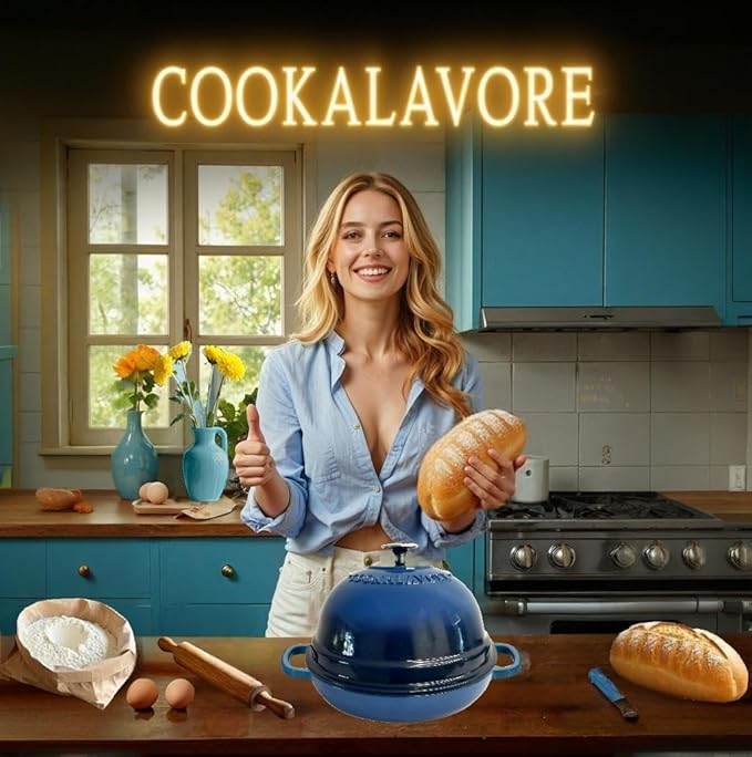 Dutch Oven for Bread Baking,6 Quart Enamel Bread Oven for Sourdough,10.5"Bread Oven with Lid,Bread Pans for Homemade Bread,Blue Thick Enamel Bread Pan-with Silicone Baking Mat&Recipe,Gifts for Family