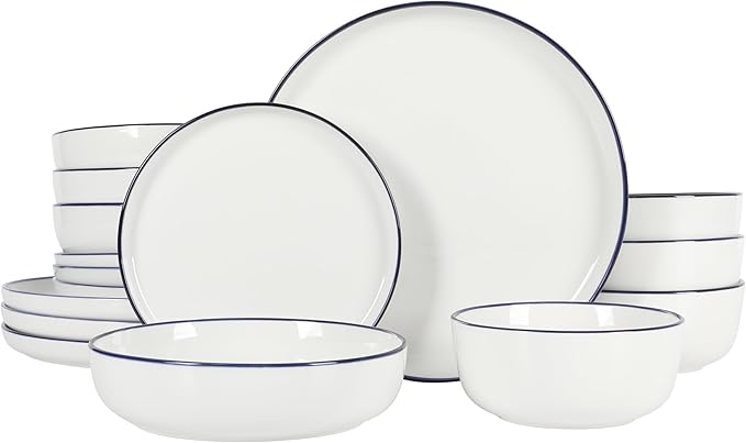 Gibson Home Oslo 16-Piece Porcelain Ceramic Chip & Scratch Resistant Dishes, Microwave & Dishwasher Safe, Plates and Bowls Dinnerware Set, White w/Blue Rim
