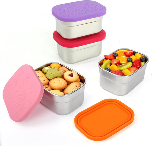 4 Pack Stainless Steel Snack Containers with Lids Set, Rectangular Easy Open Leakproof Reusable Snack Box Container for Lunch, Small Lunch Food Containers for Meal Prep, Salad Dressing To Go