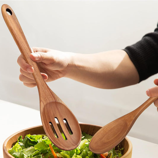 2-Piece 14 inch Large Wooden Spoon Set Non Toxic Solid Wood Spoons Cooking Utensils Slotted Spoon Long Non-Stick Cooking Spoons Teak Wood Kitchen Spatula for Mixing Stirring Serving Spoons