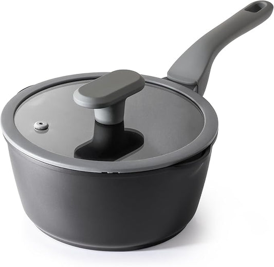 PRICUSIS Nonstick Saucepan with Lid, 2 Quart Non Toxic Pot with Pour Spouts, Full Coated, 100% Dishwasher Safe, Induction Compatible & Oven Safe, PTFE & PFOA Free, Black Sesame