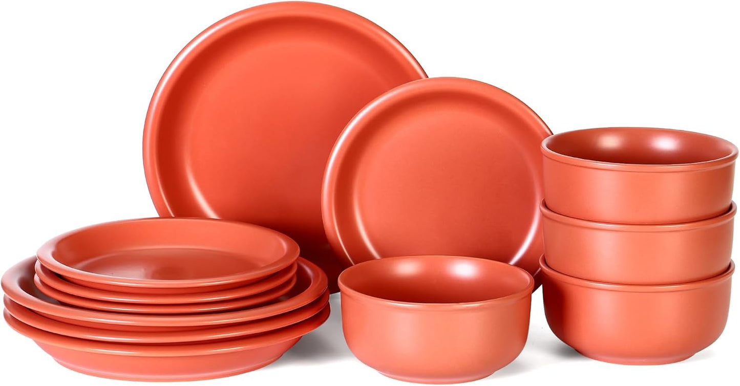 GZG Vintage Series - Ceramic Dinnerware Set for 4, 12 Pieces Stoneware Plates and Bowls Set, Lead-Free, Handcrafted Dishes Set, Microwave & Dishwasher Safe - Terracotta Red