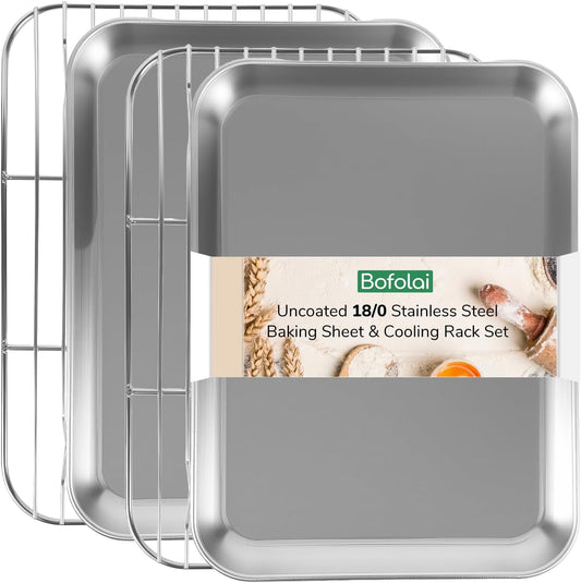 18/0 Stainless Steel Baking Sheet with Cooling Rack, Oven-Safe Non-Toxic Cookie Sheets for Baking, Set of 4, Coating Free & Rust Resistant for Healthy Family Baking, Easy to Clean, Heavy-Duty