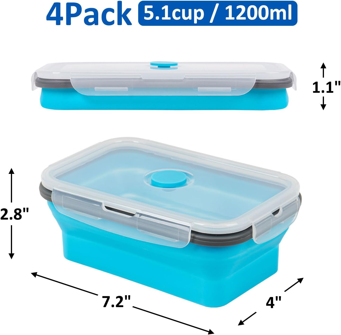 Collapsible Silicone Food Storage Containers Set with Lid & Air Vent,Foldable Lunch Containers(4PCS,Blue,40oz)