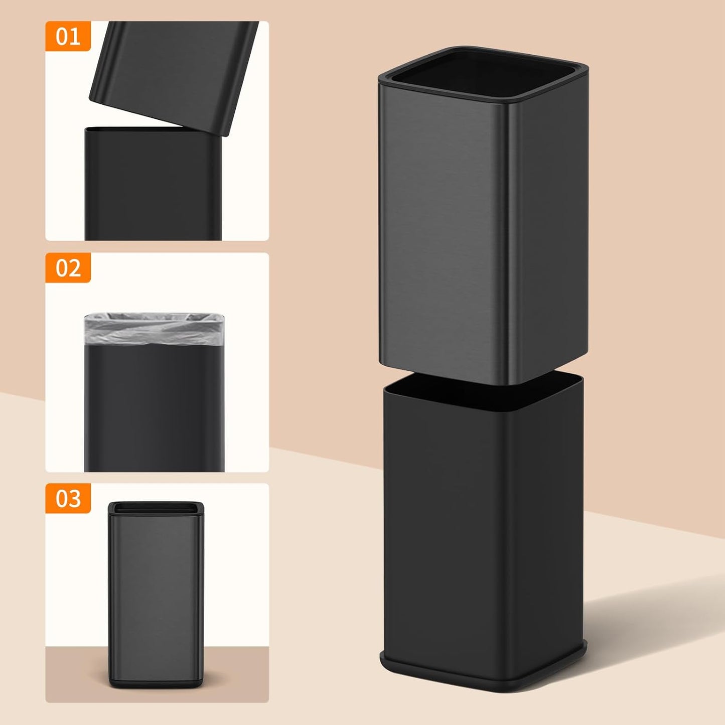 Mbillion 3.2 Gal (12L) Stainless Steel Open - Top Trash Can with Removable Inner Bucket - Sleek Metal Waste Basket for Bathroom Office, Brushed Black