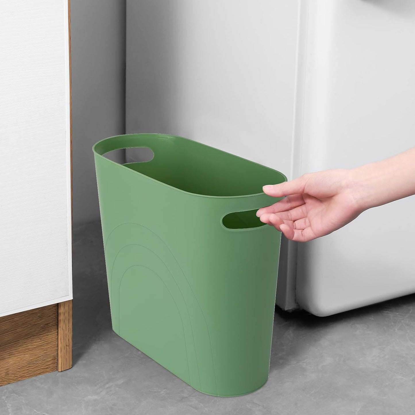 rejomiik Small Trash Can, 3.5 Gallon Slim Garbage Can Plastic Waste Basket with Handles Container Bin for Narrow Spaces Bathroom, Bedroom, Kitchen, Office at Home, Green