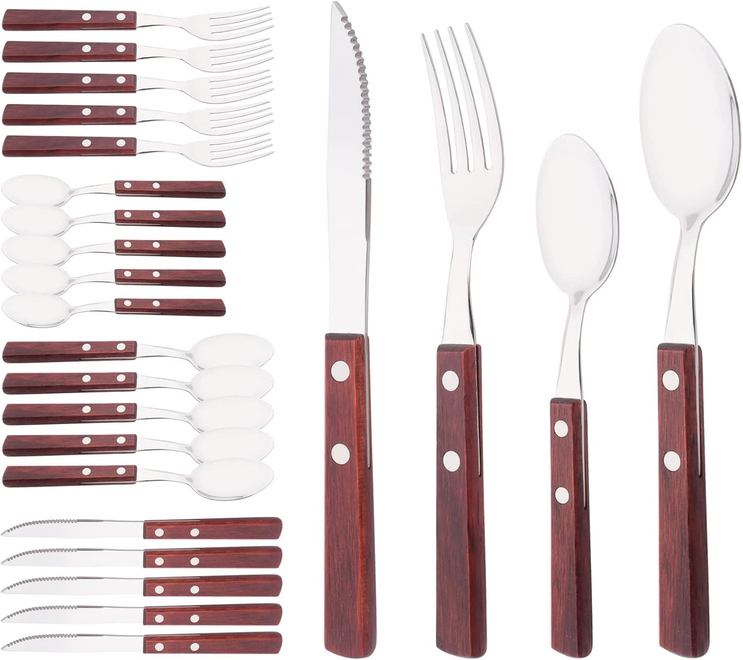 Wooden Handle Flatware Set, Knives Forks Spoons Set for 6, 24-Piece 304 Stainless Steel Kitchen Utensils Set, Silverware Set with Wood handles, Red Wood with Rivet & Retro Style Cutlery