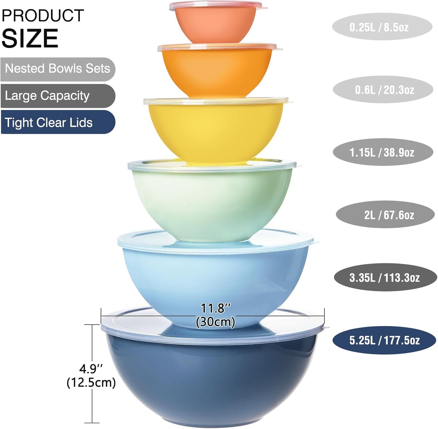 6-Piece Plastic Mixing Bowl Set with Lids for Kitchen, Nesting Storage Bowls for Baking, Prepping,Cooking and Serving Food, Dishwasher, Microwave Safe,Great for Mixing & Serving,Light blue