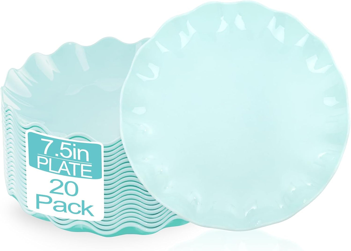 LIYH 20 Pcs 7.5 Inch Ice Blue Plastic Scalloped Plates Reusable - Unbreakable Dessert Plastic Cake Plates Dishwasher Safe Perfect for Party Birthday