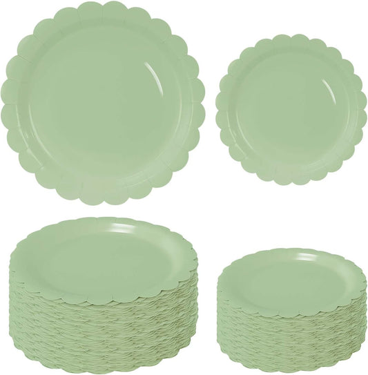 50 Pcs Sage Green Scalloped Paper Plates 25 × 7'' and 25 × 9'' Disposable Sage Scalloped Dinner Plates for Wedding Baby Shower Birthday Party Disposable Dessert Plate