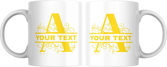 Customizable 11oz Coffee Mug - Sublimated Printed Mugs with Personalized Text, Names, and Initials. Perfect as Gifts for Men and Women for Birthdays (White Mug) (Monogram Yellow)