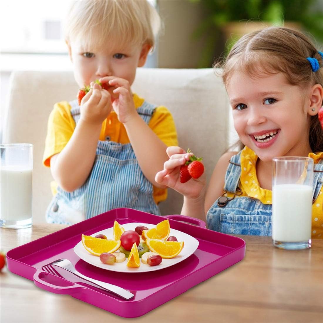 Square Serving Trays with Handles Melamine Hot Pink 12.5x12.5 Inch Spill Proof Kitchen Eating Trays Set of 2 for Cafeteria Cafe Food Appeizer Dessert Snack Dinner Lunch Breakfast,TR12-02