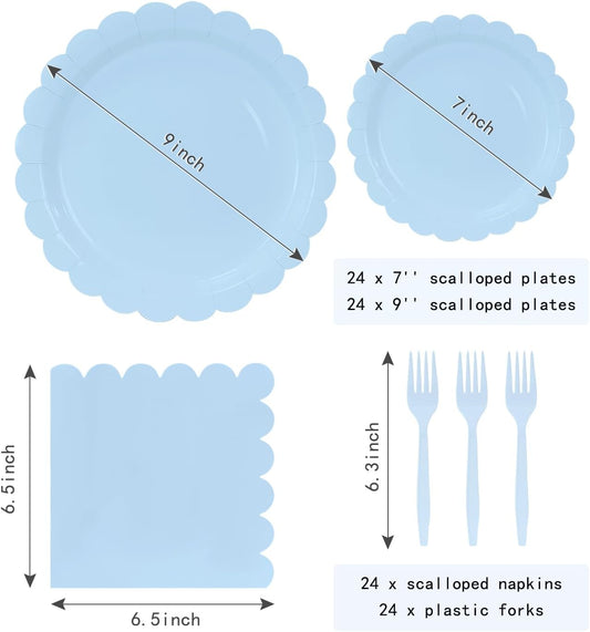 96 Pcs Light Blue Plates and Napkins Party Supplies Serve 24 Guests Including Blue Scalloped Paper Plates and Napkins Plastic Forks for Baby Shower Birthday Party Disposable Dinnerware Set