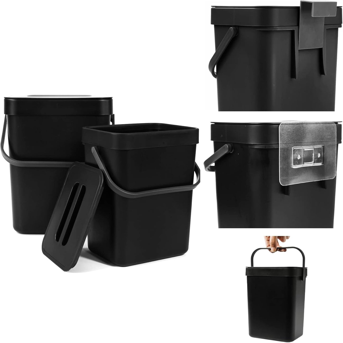 Domiella 2 Pack Hanging Small Trash Can with Lid (1.3 + 0.8 Gal), Kitchen Compost Bin for Countertop or Under Sink, Mountable Food Waste Bin for Cabinet, Bathroom, or RV Use (Black)