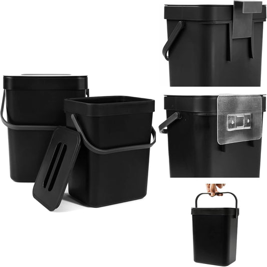 Domiella 2 Pack Hanging Small Trash Can with Lid (1.3 + 0.8 Gal), Kitchen Compost Bin for Countertop or Under Sink, Mountable Food Waste Bin for Cabinet, Bathroom, or RV Use (Black)