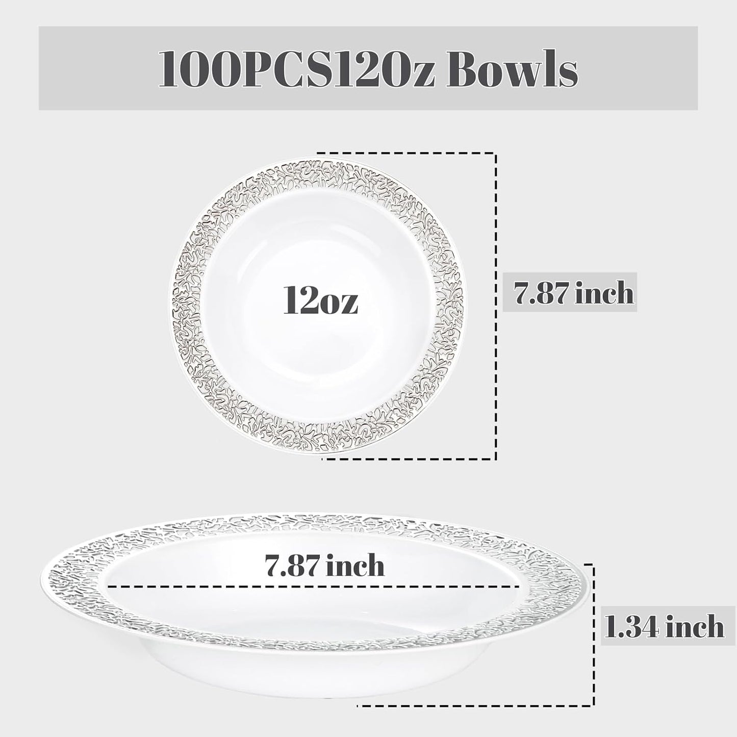 I00000 100 Silver Plastic Bowls, 12 oz Disposable Bowls, Disposable Lace Christmas Thanksgiving Trim, Premium Heavy Duty Plastic Bowl for Party