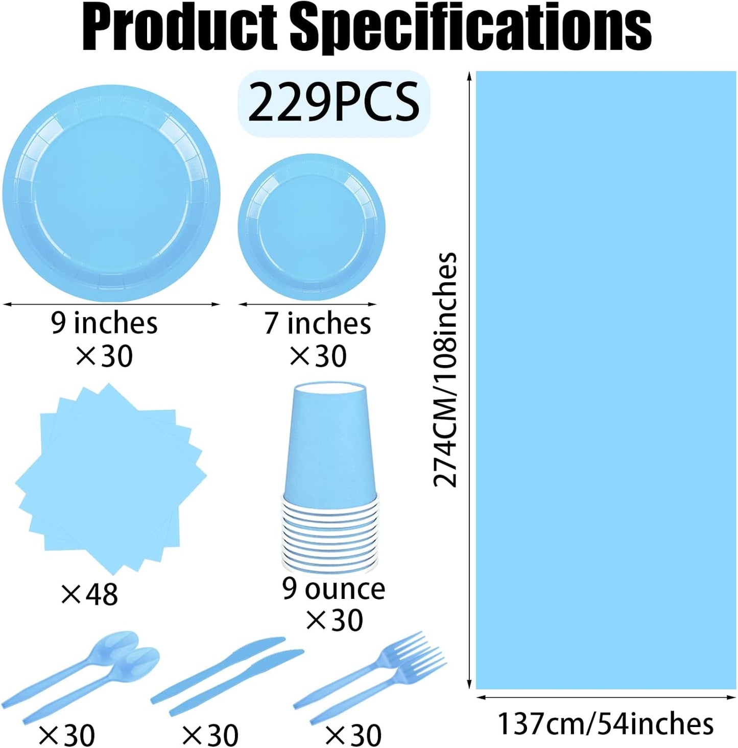 TWOWYHI 229PCS Light Blue Party Supplies Set Paper Disposable Plates Cups Plastic Spoons Forks Knives Light Blue Napkins for 30 Guests Disposable Party Dinnerware Sets for Wedding Birthday Parties