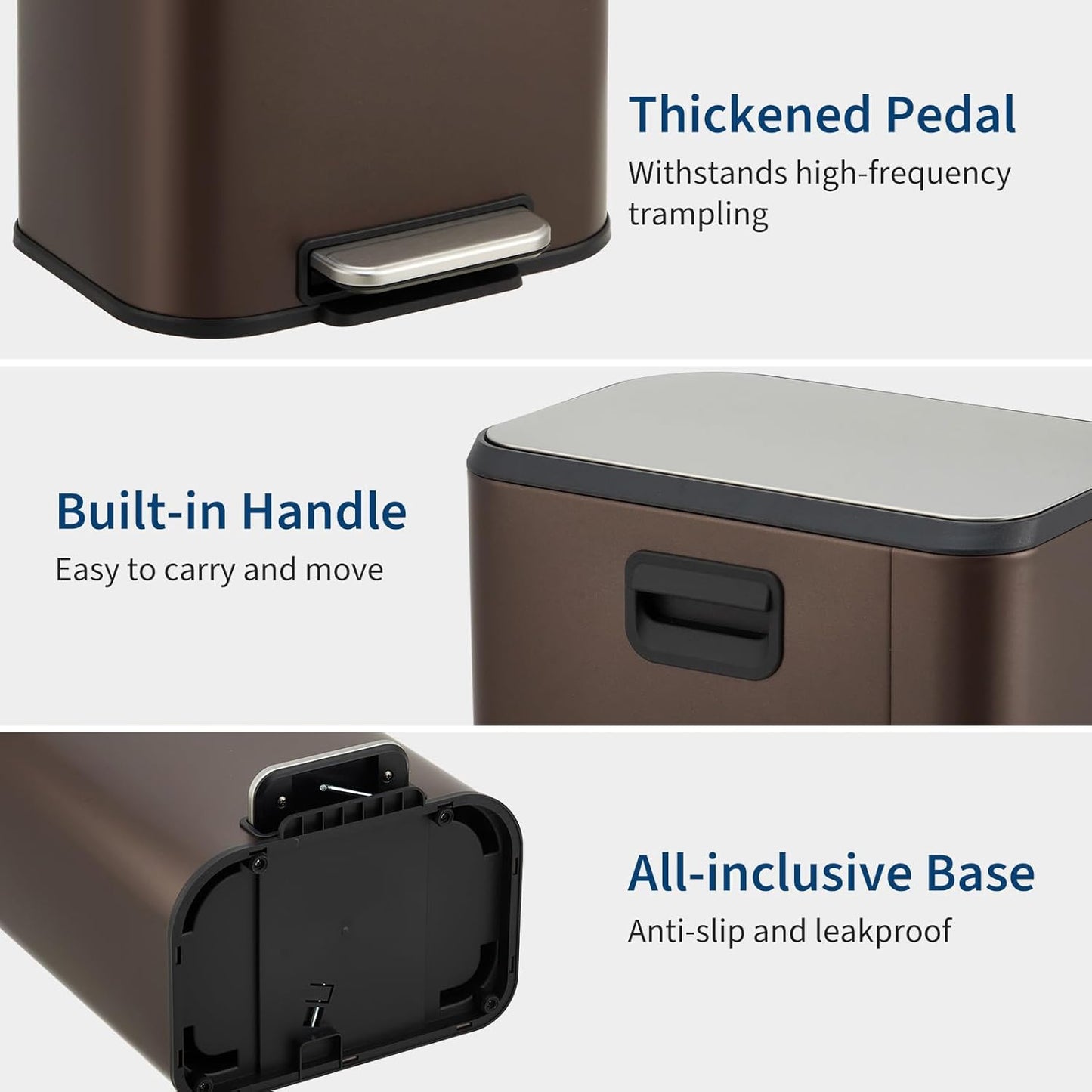 Small Trash Can for Kitchen, 3.2 Gallon Stainless Steel Garbage Can with Soft-Close Lid, Rectangular Trash Can with Step-On Pedal and Inner Bucket for Home Office Bathroom Living Room, Brown