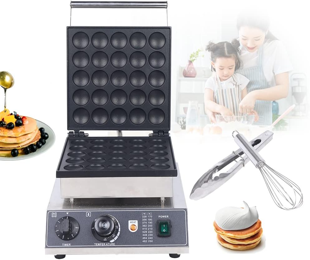 110V Mini Dutch Pancake Baker,Commercial Electric Nonstick Waffle Maker Machine,Non-stick Pancake Maker with Temperature Control (25pcs Sliver)