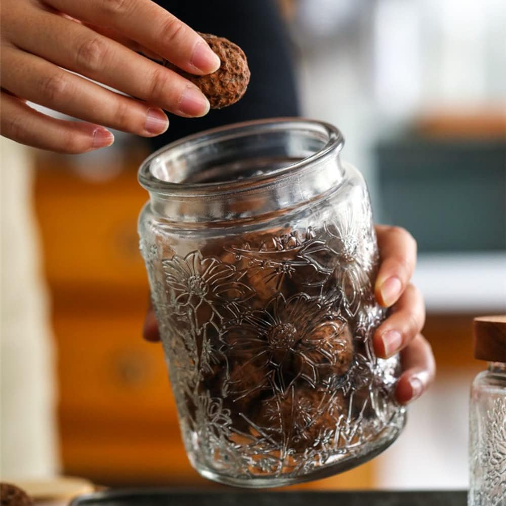 Airtight Glass Jar, Vintage Decorative Storage Jar with Bamboo Lid, Food Storage Containers for Candy Snack Cookies Coffee Tea Nuts,Kitchen Containers Cereal Canisters (Daisy & Sunflower)
