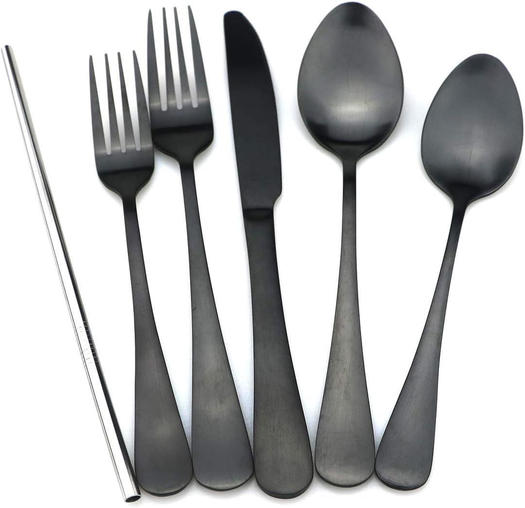 JASHII Modern Royal 20 Pcs Matte Black 18/10 Stainless Steel Utensils Cutlery Dinnerware Set w/ 4 Pcs Straw, Knife Fork and Spoon Flatware Set for Wedding Festival Christmas Party Service for 4