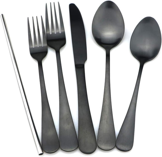 JASHII Modern Royal 20 Pcs Matte Black 18/10 Stainless Steel Utensils Cutlery Dinnerware Set w/ 4 Pcs Straw, Knife Fork and Spoon Flatware Set for Wedding Festival Christmas Party Service for 4