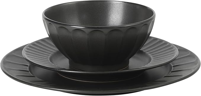 Gibson Elite Winchester Way 12-Piece Embossed Stoneware Dinnerware Set – Reactive Matte Glaze, Durable Lightweight-Tech Plates & Bowls, Everyday Dish Set, Microwave & Dishwasher Safe – Black