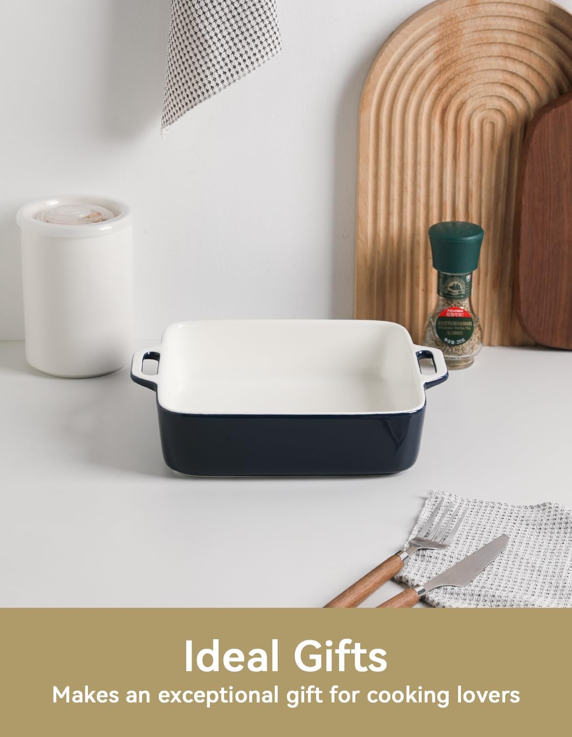 Sweejar 8x8 Baking Pan,Ceramic Casserole Dishes for Oven with Double Handles，2 QT Square Cake Baking Dish for Brownie,Lasagna,Casseroles,Family Dinner (Navy)