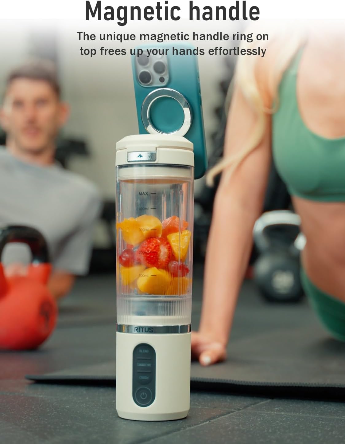 RITUS VORTEX Pro Portable Blender,Personal Blender w/Removable Vessel-for-Smoothies Blend Ice Crush 3 Programs,Cordless 20oz BPA Free Vessel Magnetic-Ring Dishwasher Safe, Leakproof，White