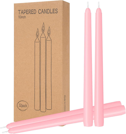 12 Pack Pink Taper Candles - Taper Candles 10 Inch Dripless, Smokeless & Unscented - 8 Hours Long Burning - Ideal for Weddings, Dinner Parties, and Home Decor