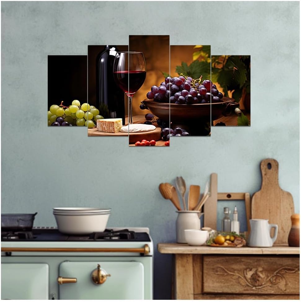 DOARTDO 5 Pieces Kitchen Wall Art Wine and Fruit Grape Pictures Food Canvas Prints Red Wine Cups Painting Large Kitchen Dining Room Bar Cellar Decor Framed (Brown, (8x14inx2 8x18inx2 8x22inx1))