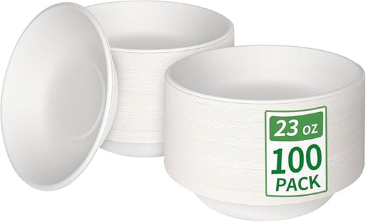 Aricsen Compostable 23 Ounce 100 Pack Disposable Round Paper Bowls, PFAS-Free, Eco-Friendly, Biodegradable Bagasse For Hot Soup Food Salad Dinner Party (100, 23 OZ)
