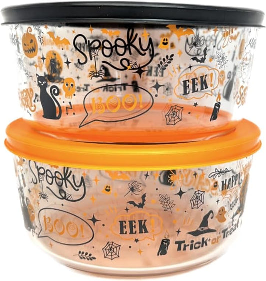 DURA LIVING Halloween Glass Food Storage Containers with Lids | Set of 4 (2 Containers + 2 Lids) 4-Cup | Spooky Design, BPA-Free, Microwave & Dishwasher Safe|Perfect for Meal Prep, Snacks & Leftovers