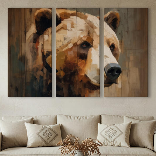 Wildlife Canvas Prints - Wild Animals Home Decor - Medium, Large, and Extra Large Wall Art for Living Room, Bathroom, Kitchen (Brushstroke Bear, 63L" x 94W"- 3 Panels)