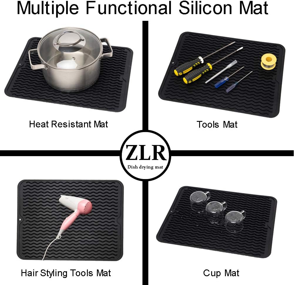 ZLR 2 Pcs Silicone Dish Drying Mats for Kitchen Counter, Eco-Friendly Fast Dry Dish Mat, Easy Clean Multi Usage Drying Matt, Heat Resistant Trivet, 12" x 16" Large, Black