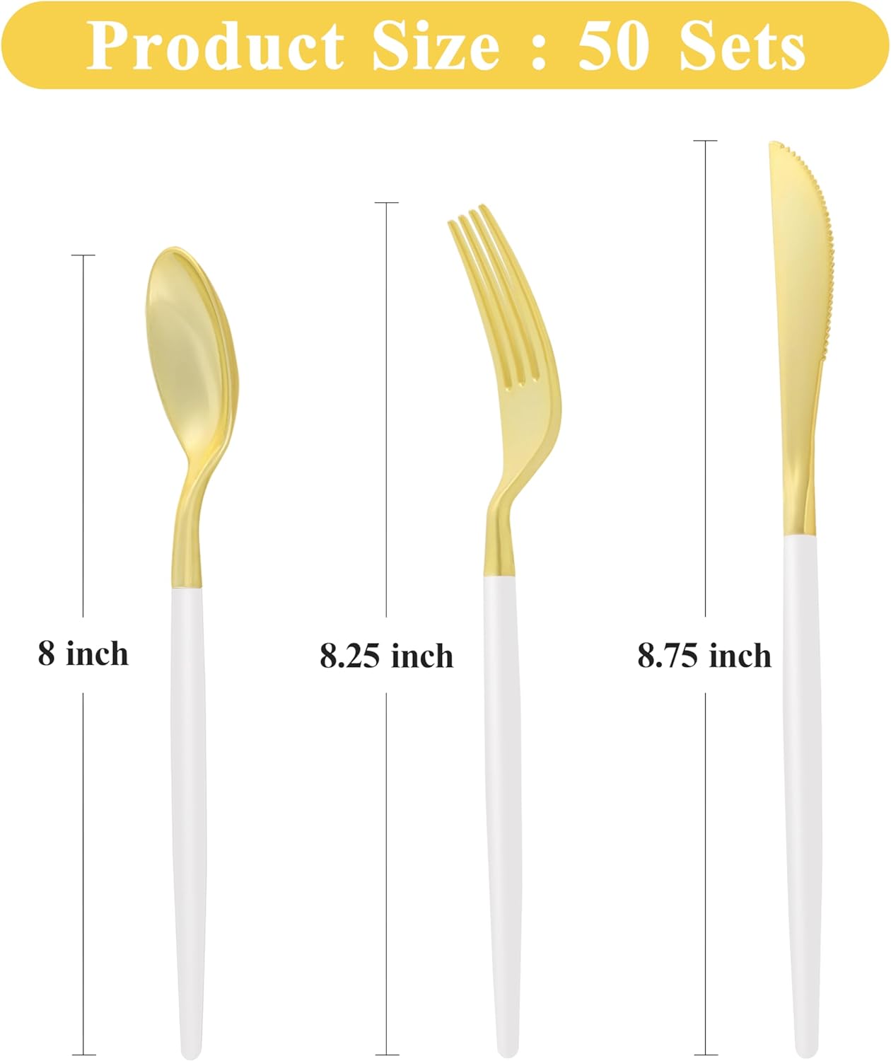 150 PCS White Gold Plastic Utensils for 50 Guests, Gold Disposable Silverware with 50 Knives, 50 Spoons and 50 Forks, BPA Free, Ideal for Weddings, Birthdays & Graduation