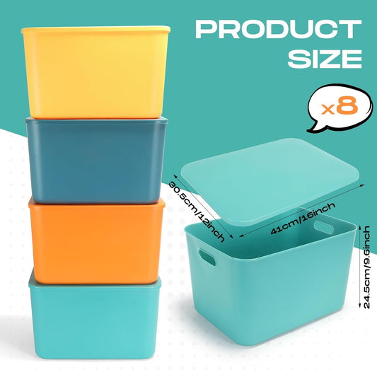 Hoolerry 8 Pieces Colorful Storage Bins with Lid, Plastic Storage Basket Organizing Container Stackable Box with Handle for Shelves Desktop Playroom Office(16.1 x 12.0 x 9.7 Inch,Multi-colored)