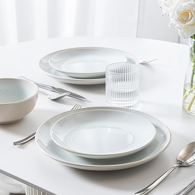 Plates and Bowls Sets for 4 - CJDC-QUELO 12-Piece Stoneware Dinnerware Sets, Ceramic Dishware Set for Kitchen Use and Formal Dining, Chip and Scratch Resistant Microwave Dishwasher Safe, Off White