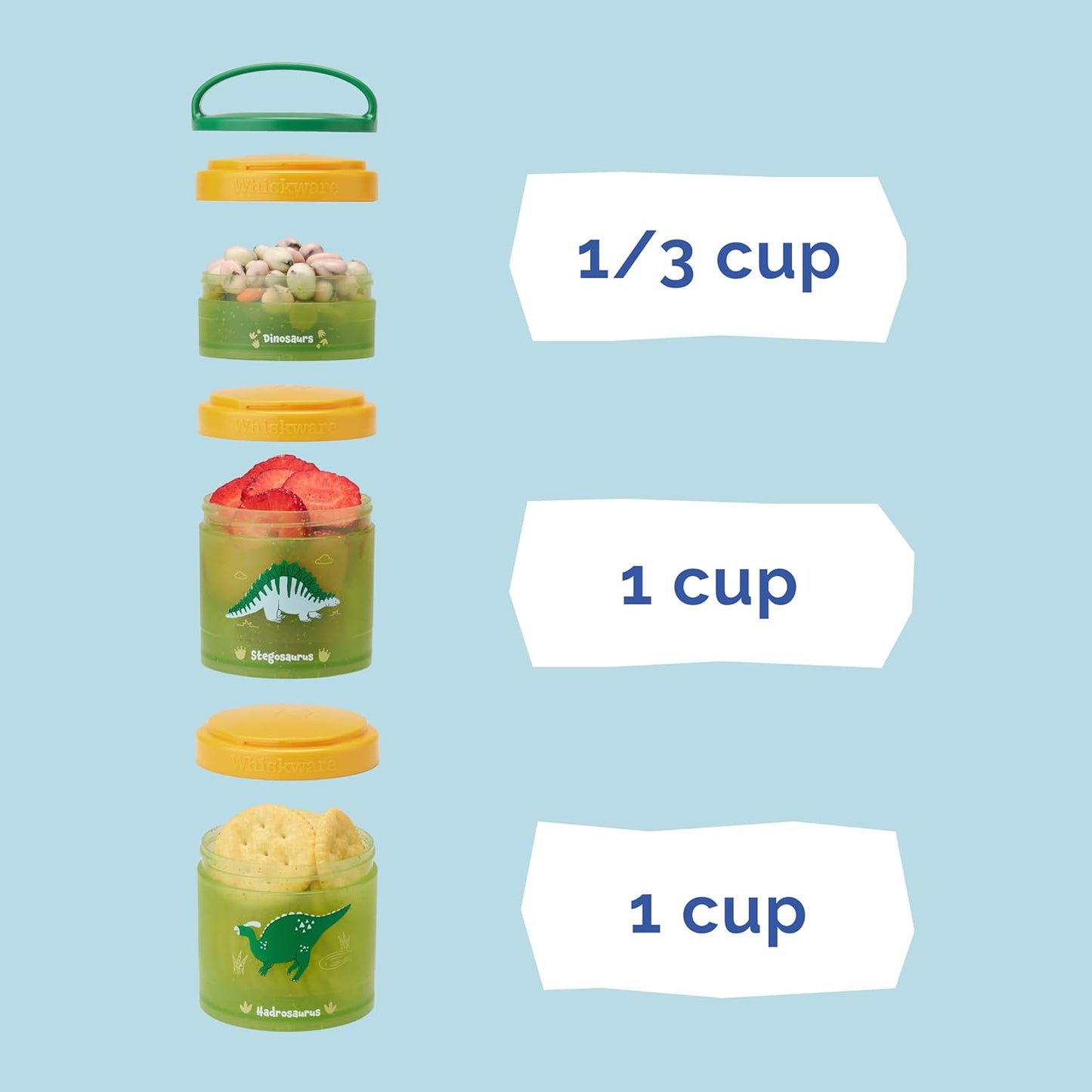 Whiskware Dinosaur Stackable Snack Containers for Kids and Toddlers, 3 Stackable Snack Cups for School and Travel, Green/Orange