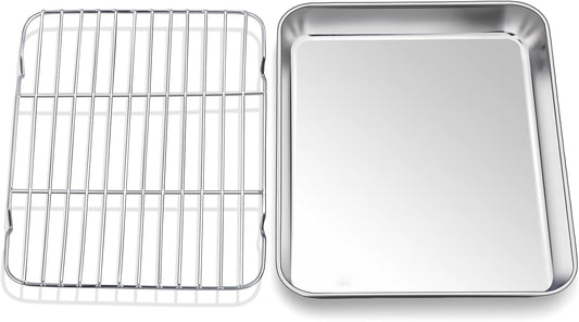 Baking Sheet with Rack Set,10.2 Inch Stainless Steel Baking Pan Tray Cookie Sheet with Cooling Racks,Nonstick Bacon Cookie Trays for Cooking Roasting,Dishwasher Safe,Heavy Duty & Easy Clean